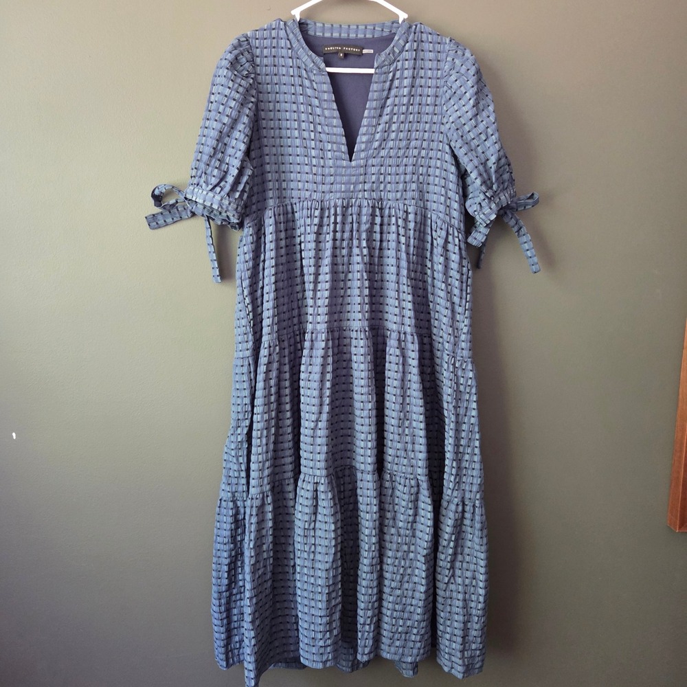 English Factory Blue Plaid Tiered Midi Dress Puff‎ Sleeve Tie V-Neck Small
